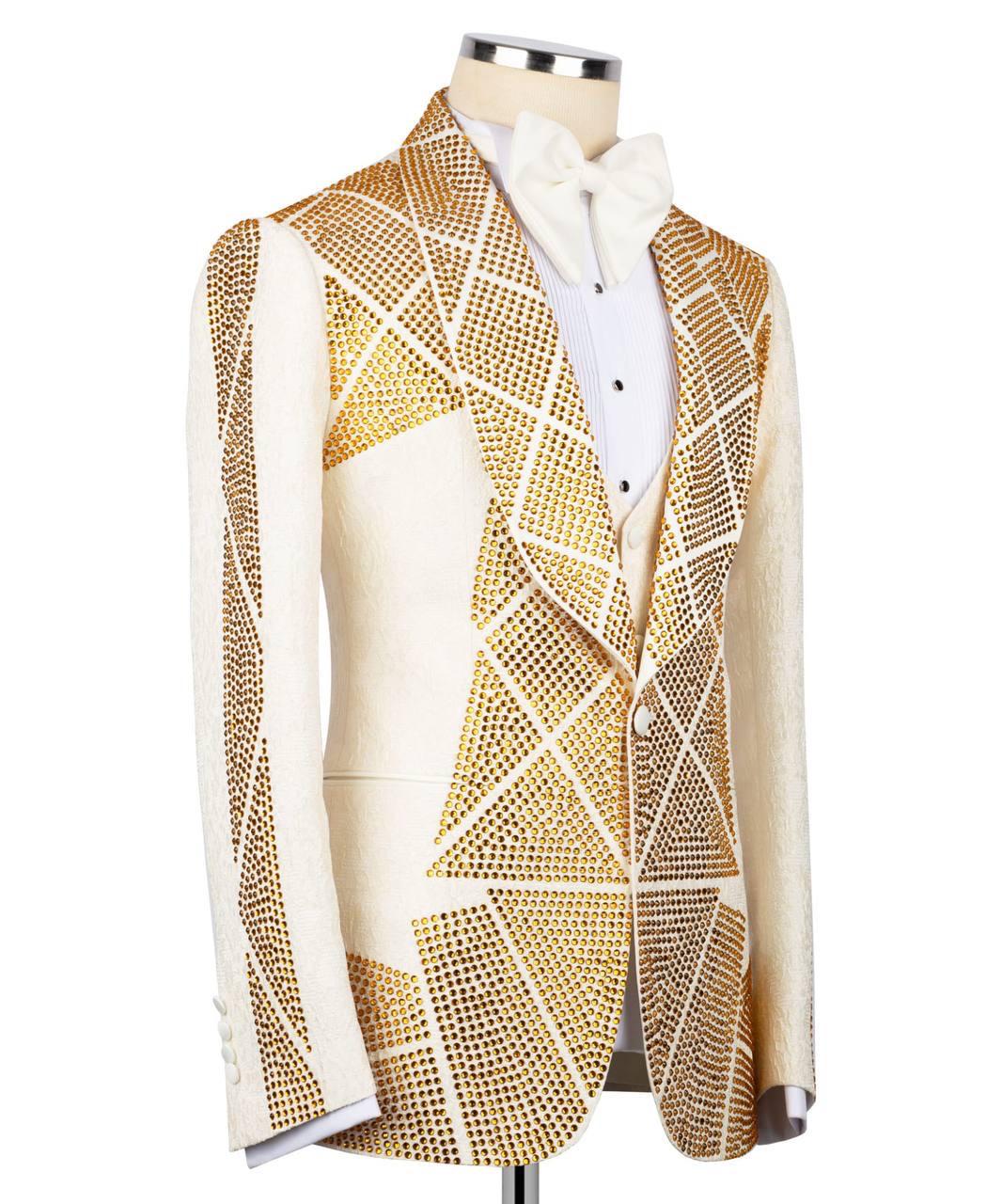 Mannequin wearing a patterned vest over a white shirt on a white background