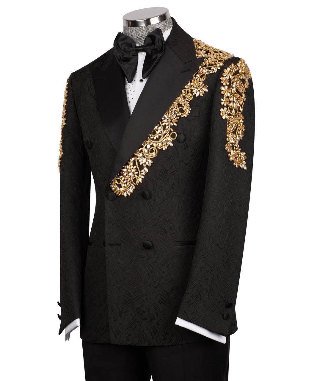 Black tuxedo with gold embroidery on a white background