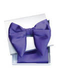 A purple satin bow tie and matching pocket square set, presented in an open white gift box on a white background.