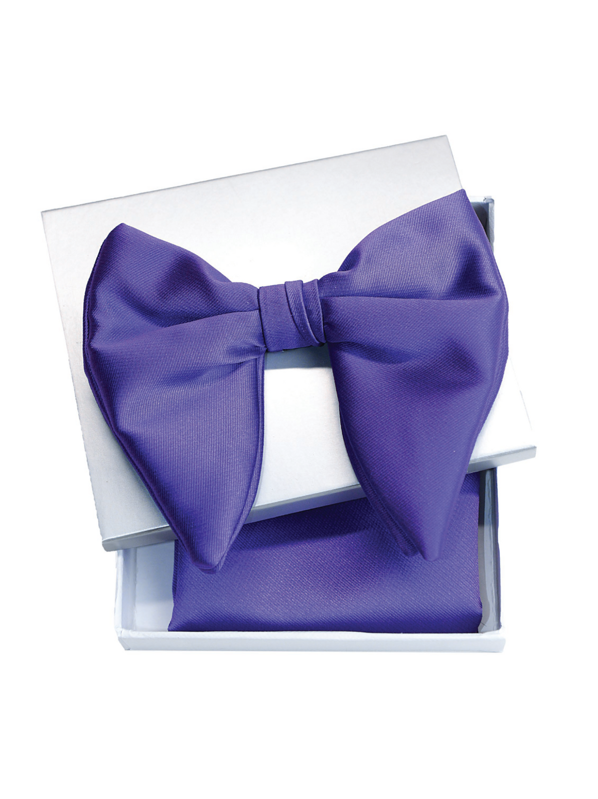A purple satin bow tie and matching pocket square set, presented in an open white gift box on a white background.