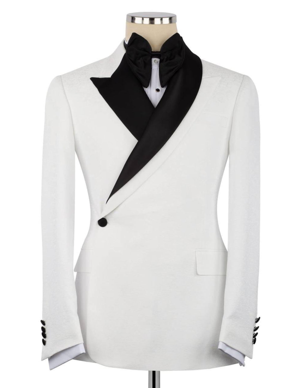 White tuxedo jacket with black lapels on a mannequin against a white background