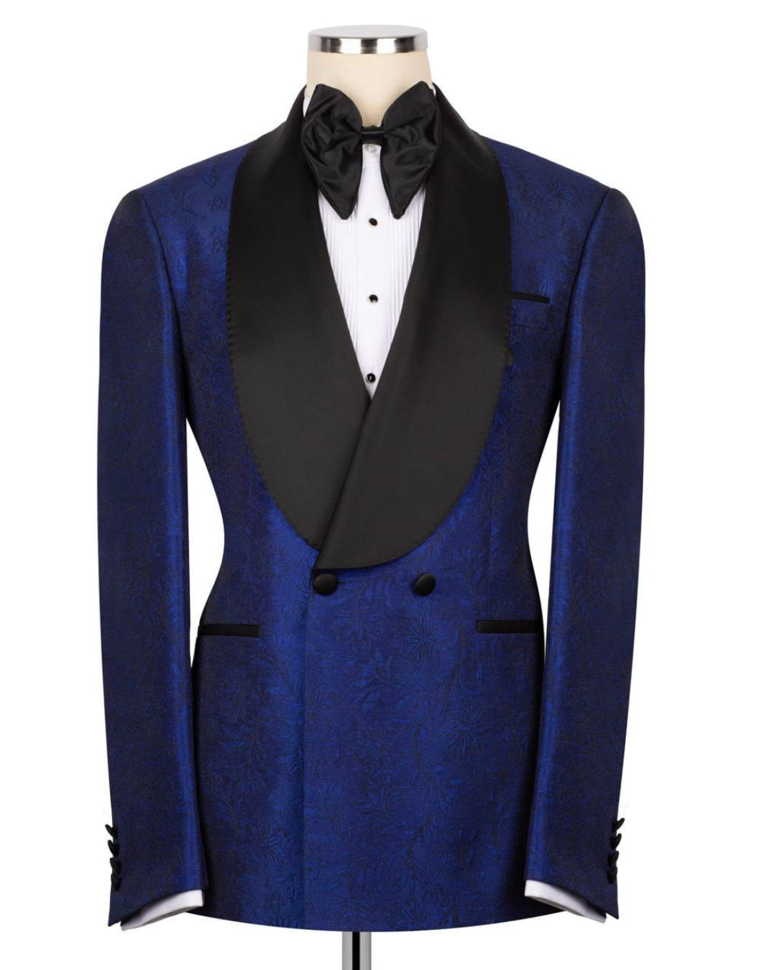 Blue tuxedo jacket with black lapels on a mannequin against a white background