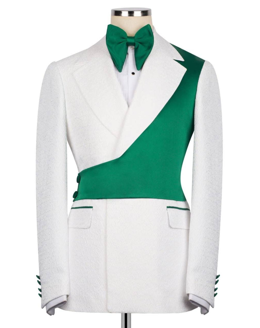 White and green formal jacket with matching bow tie on a mannequin against a white background