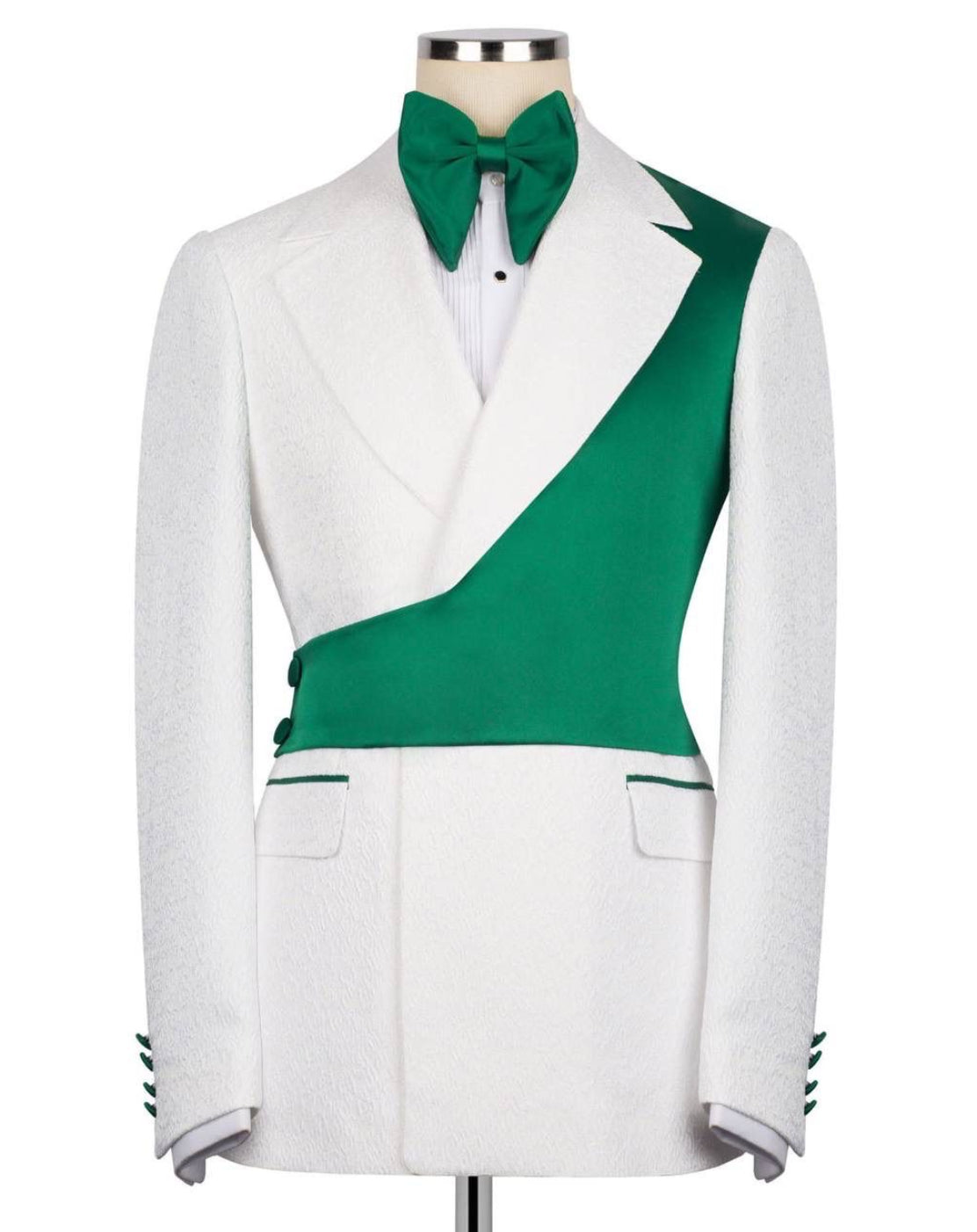 White and green formal jacket with matching bow tie on a mannequin against a white background