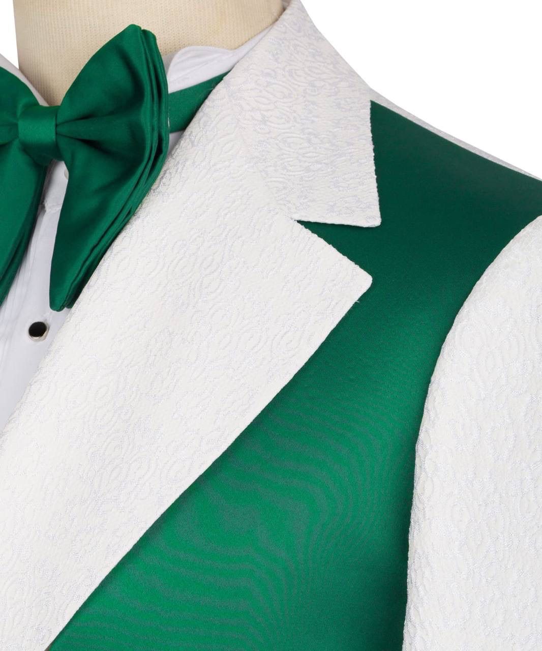 A close-up of a formal tuxedo jacket on a mannequin, featuring textured white satin lapels and a matching green satin vest, with a green bow tie and white dress shirt.