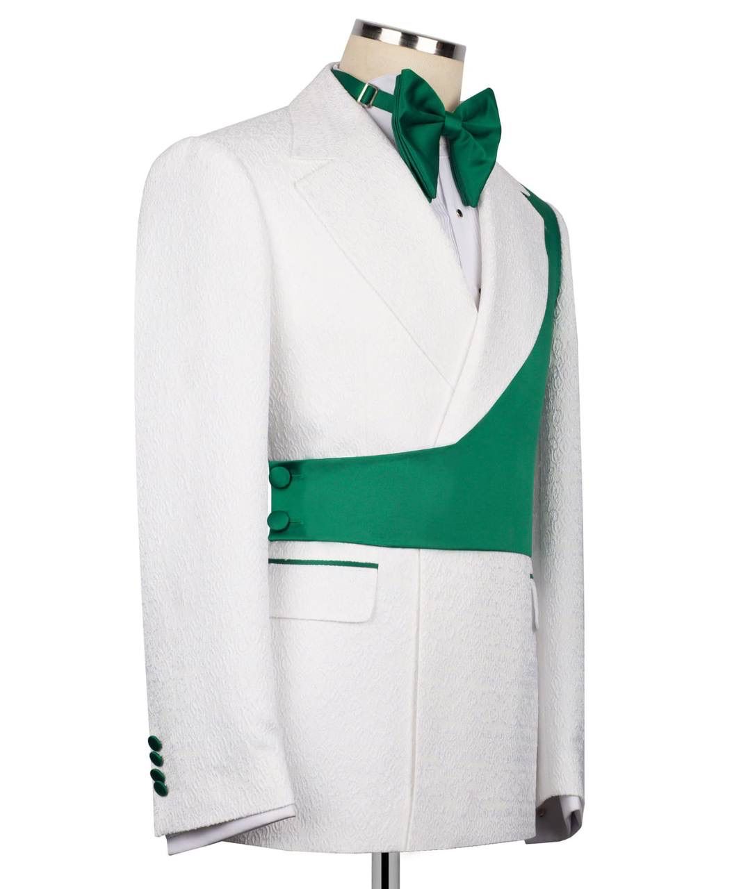 White suit jacket with green accents on a mannequin against a white background
