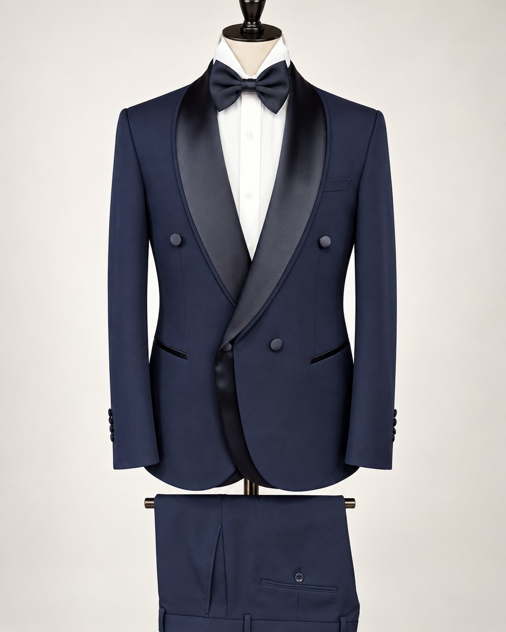 A navy blue double-breasted tuxedo jacket with black satin shawl lapels, displayed on a mannequin with a white dress shirt, black bow tie, and matching trousers.