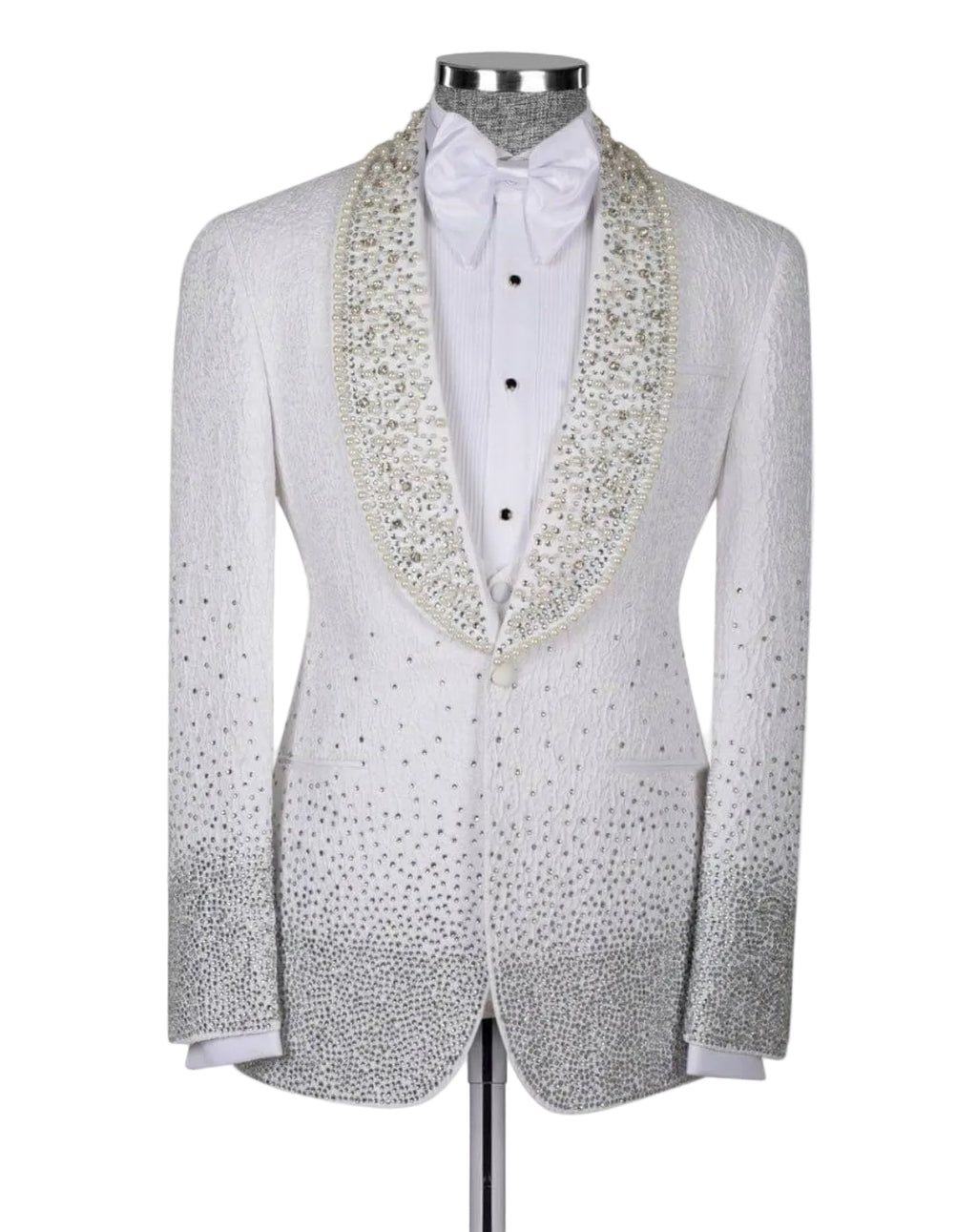 Silver tuxedo jacket with decorative lapels on a mannequin against a white background