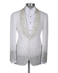 Silver tuxedo jacket with decorative lapels on a mannequin against a white background