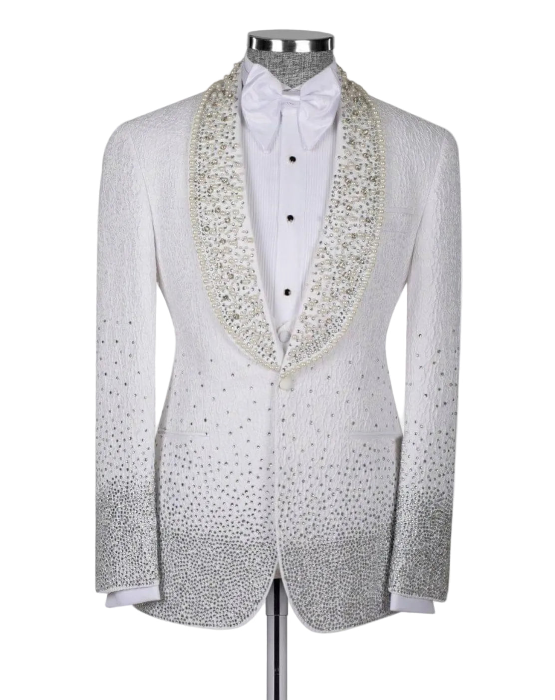 Silver tuxedo jacket with decorative lapels on a mannequin against a white background
