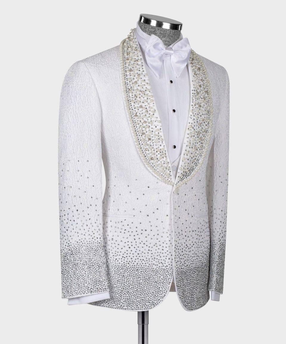 White tuxedo jacket with silver embellishments on a mannequin against a white background