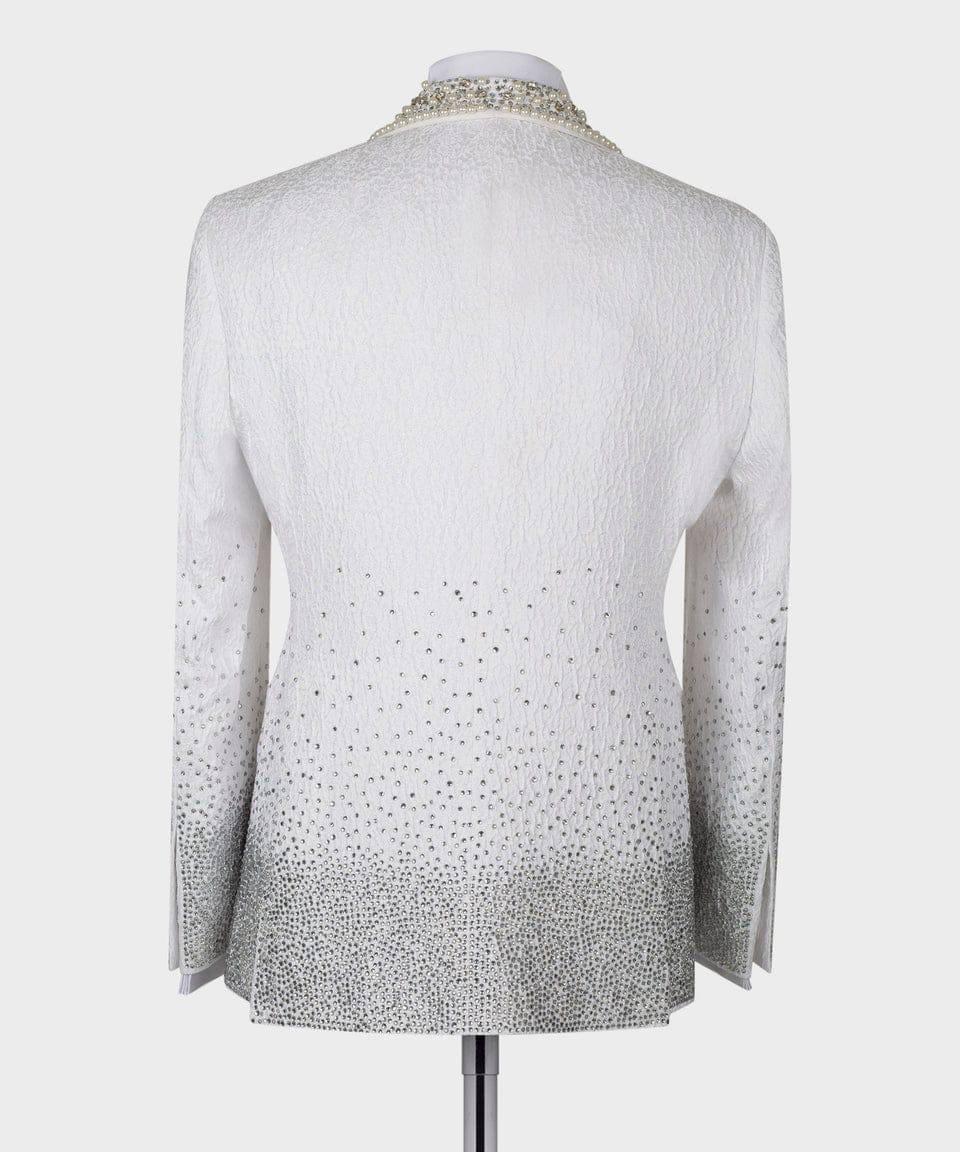 White blazer with silver studded details on a mannequin against a white background