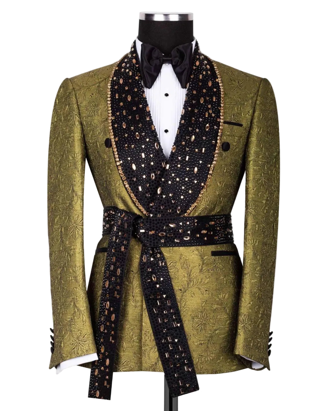 An olive green jacquard tuxedo jacket with black beaded lapels, a matching black beaded waist belt, and a black bow tie, displayed on a mannequin against a white background.