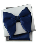 A navy blue satin bow tie set displayed in an open white gift box with a matching pocket square, labeled 'BTPB-02 Navy' below.