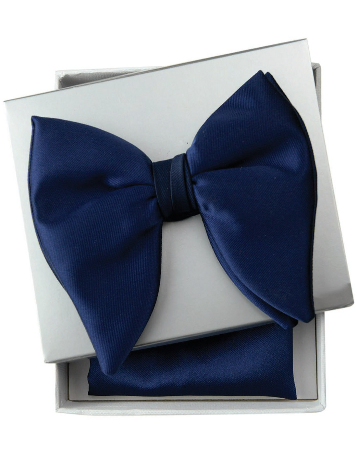 A navy blue satin bow tie set displayed in an open white gift box with a matching pocket square, labeled 'BTPB-02 Navy' below.