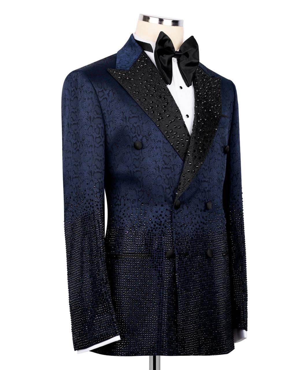 Navy blue tuxedo with black lapels on a mannequin against a white background