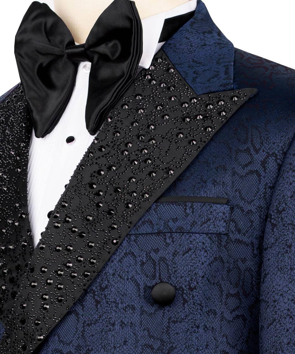 Blue tuxedo with black lapels and bow tie on a mannequin