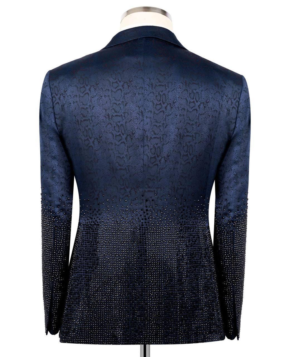 Navy blue textured blazer on a mannequin against a white background