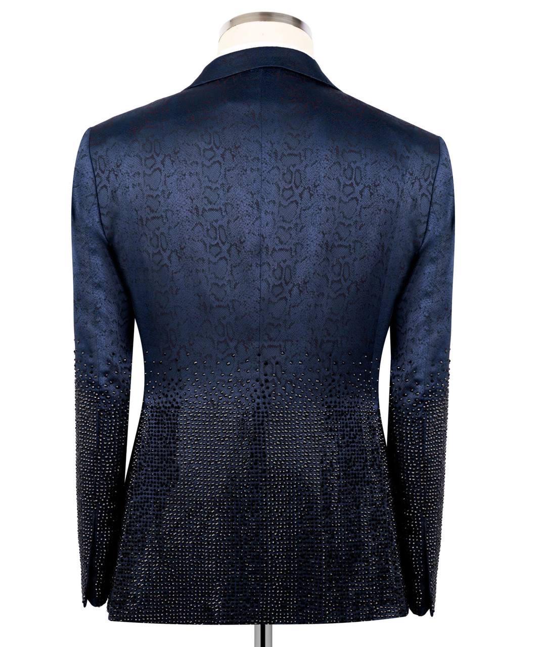 Navy blue textured blazer on a mannequin against a white background