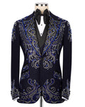Black tuxedo with blue and silver embroidery on a mannequin against a white background