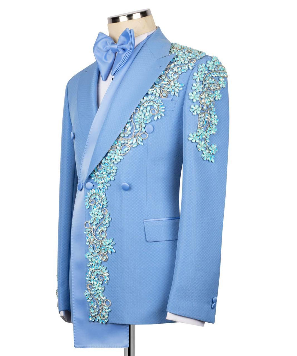 Light blue suit jacket with floral embroidery on a mannequin against a white background