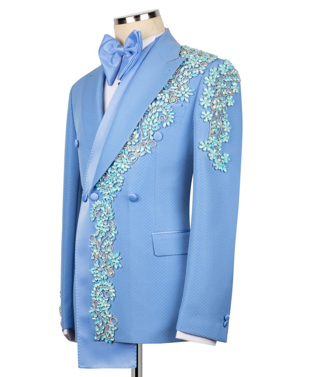 Light blue suit jacket with floral embroidery on a mannequin against a white background