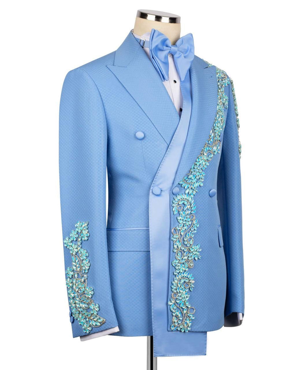 Light blue jacket with floral embroidery on a white background