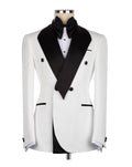 A white double-breasted tuxedo jacket with black satin peak lapels, displayed on a mannequin torso with a black bow tie and white shirt.