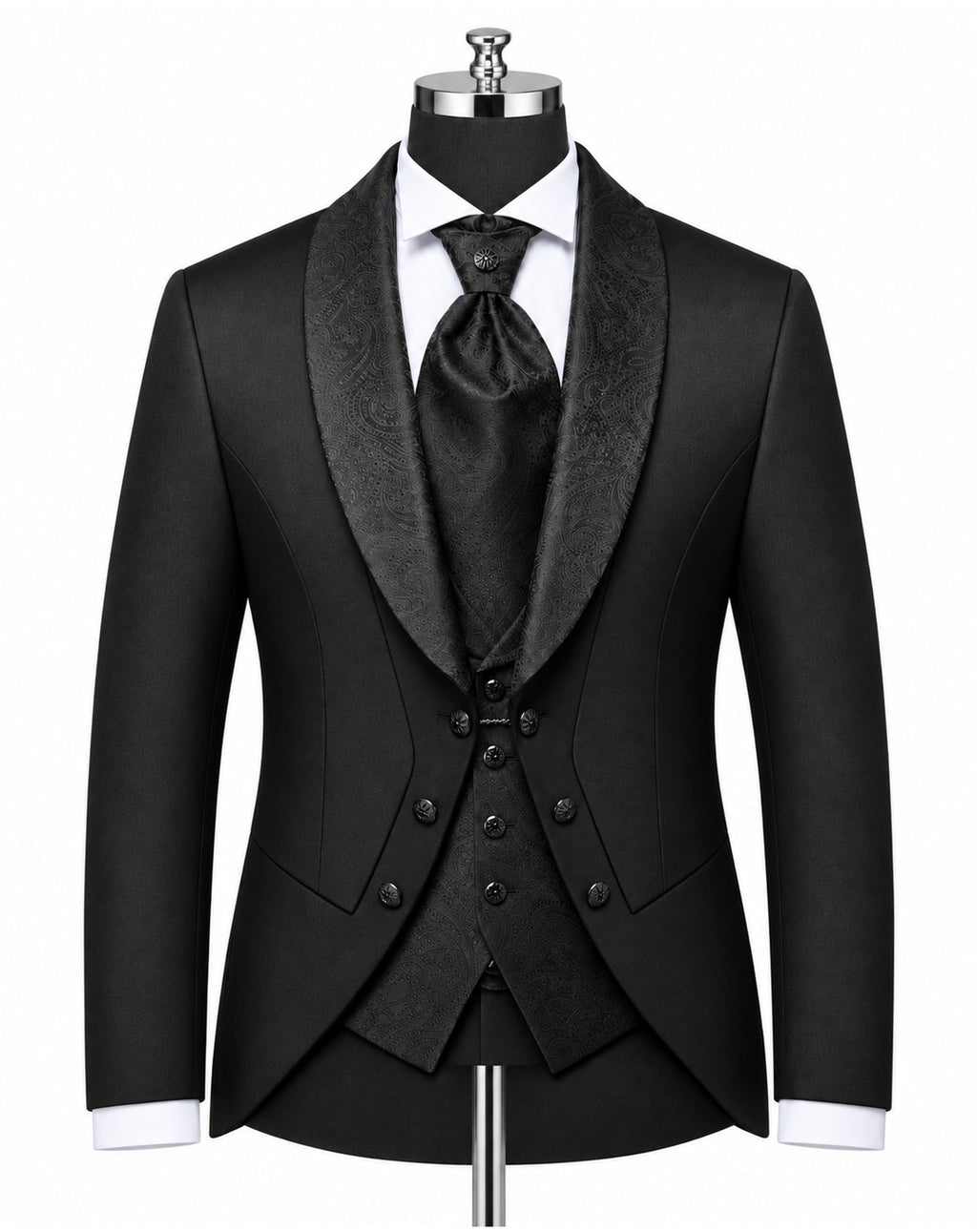 A black formal tuxedo jacket with a shawl collar, displayed on a mannequin torso with a matching black vest, tie, white dress shirt, and black bow tie, against a plain white background.