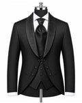 A black formal tuxedo jacket with a shawl collar, displayed on a mannequin torso with a matching black vest, tie, white dress shirt, and black bow tie, against a plain white background.