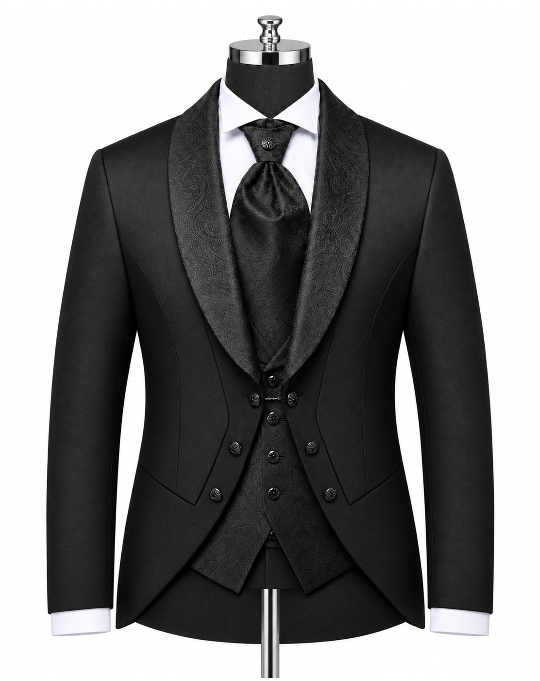 A black formal tuxedo jacket with a shawl collar, displayed on a mannequin torso with a matching black vest, tie, white dress shirt, and black bow tie, against a plain white background.