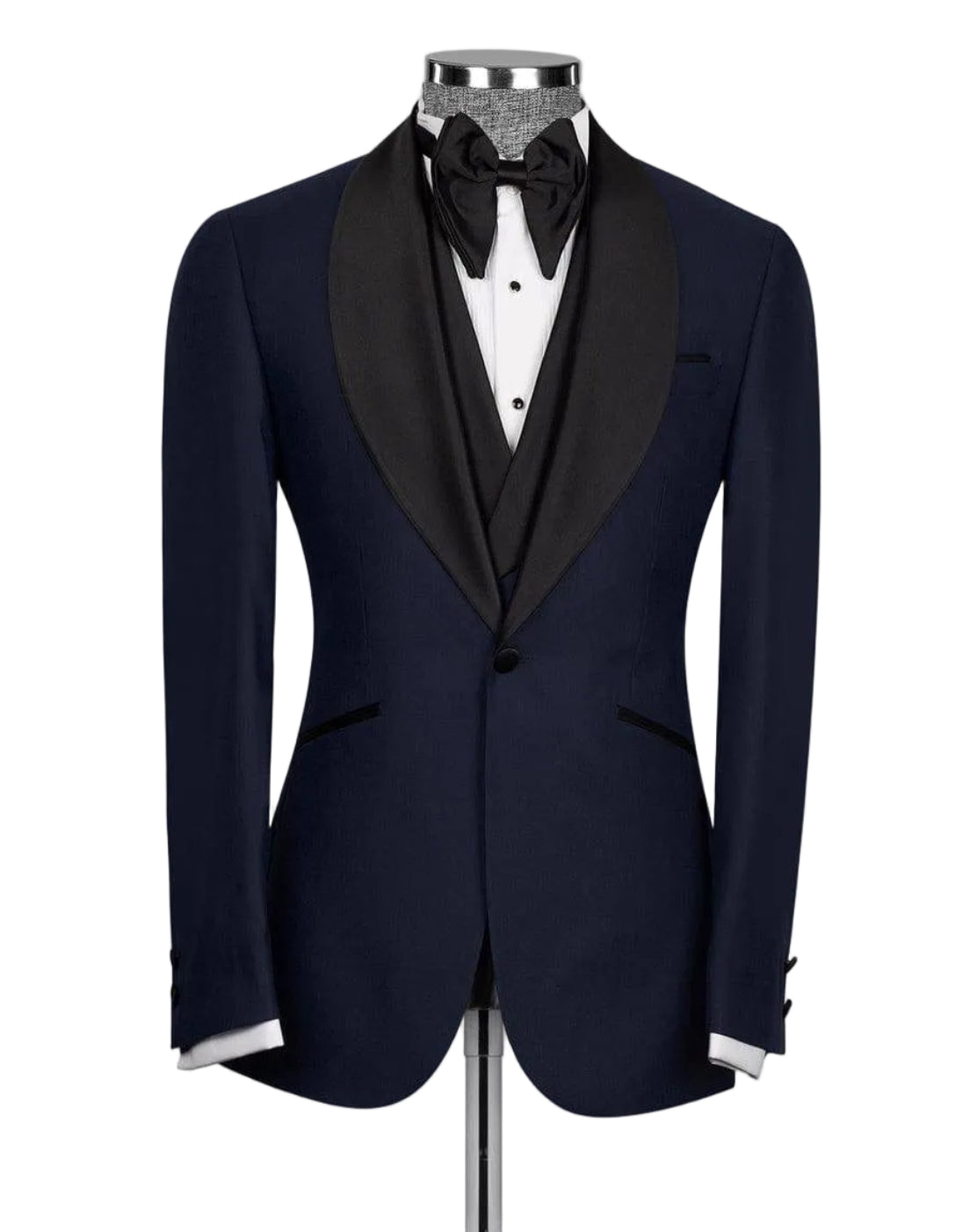 Black tuxedo jacket on a mannequin with a white shirt and black bow tie against a light gray background