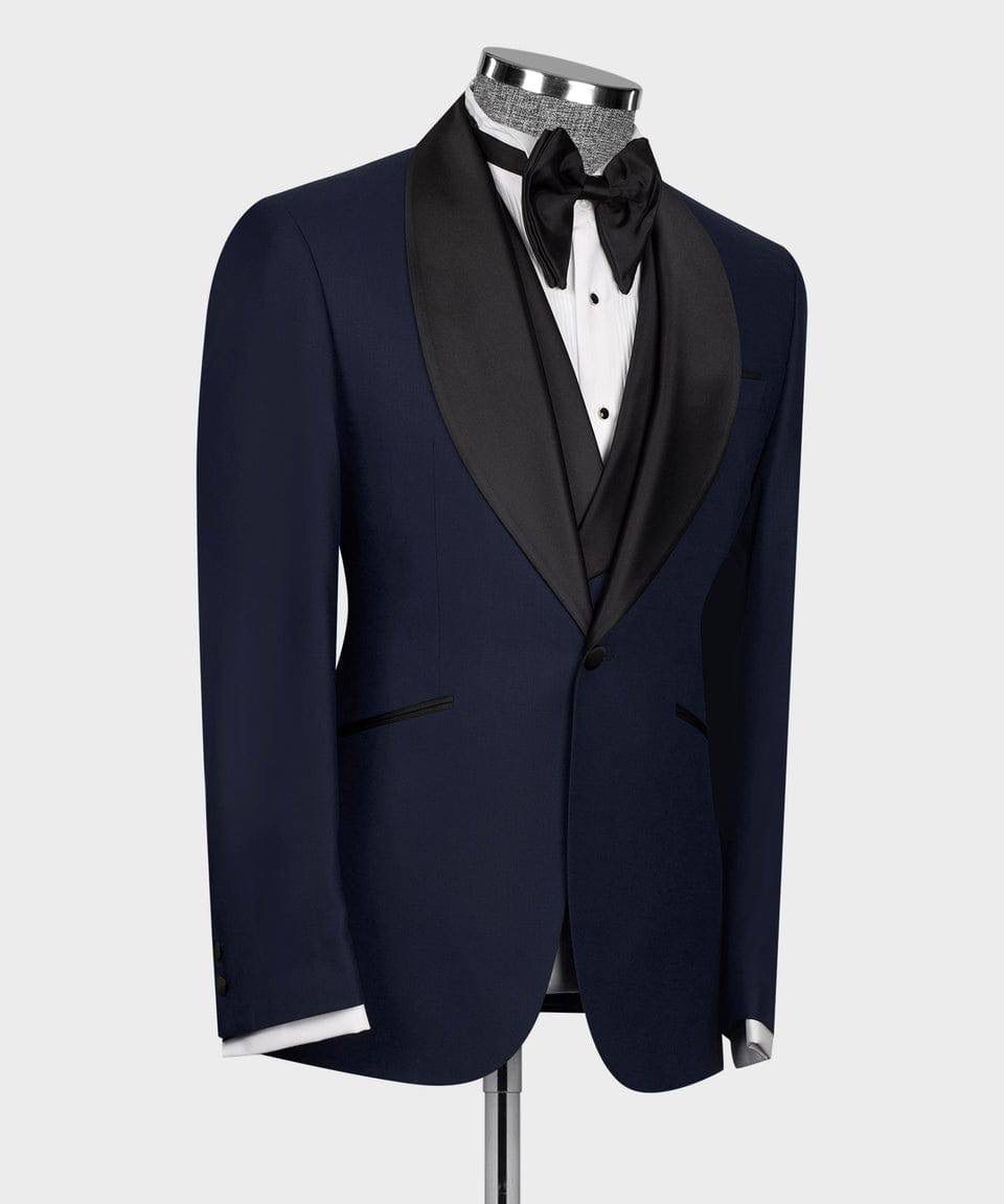 Navy blue tuxedo with black lapels on a mannequin against a white background