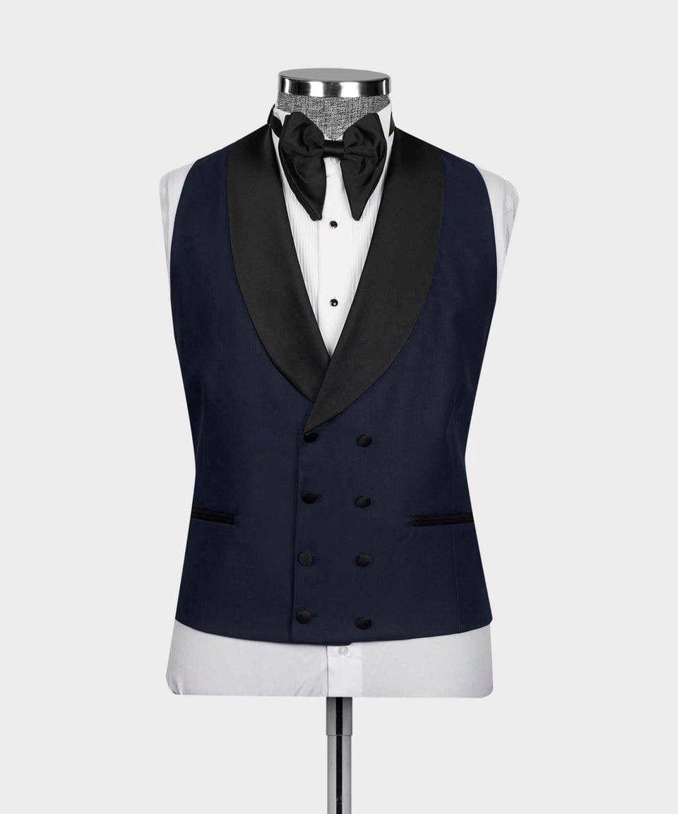Black tuxedo vest on a mannequin with a white shirt and bow tie against a white background