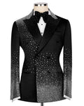 Black tuxedo with silver sequin detailing on a mannequin against a white background