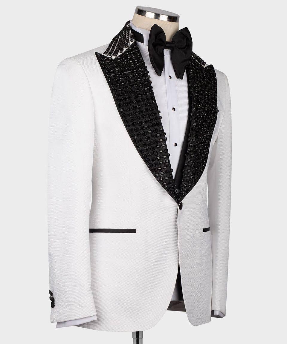 White tuxedo with black lapels on a mannequin against a white background