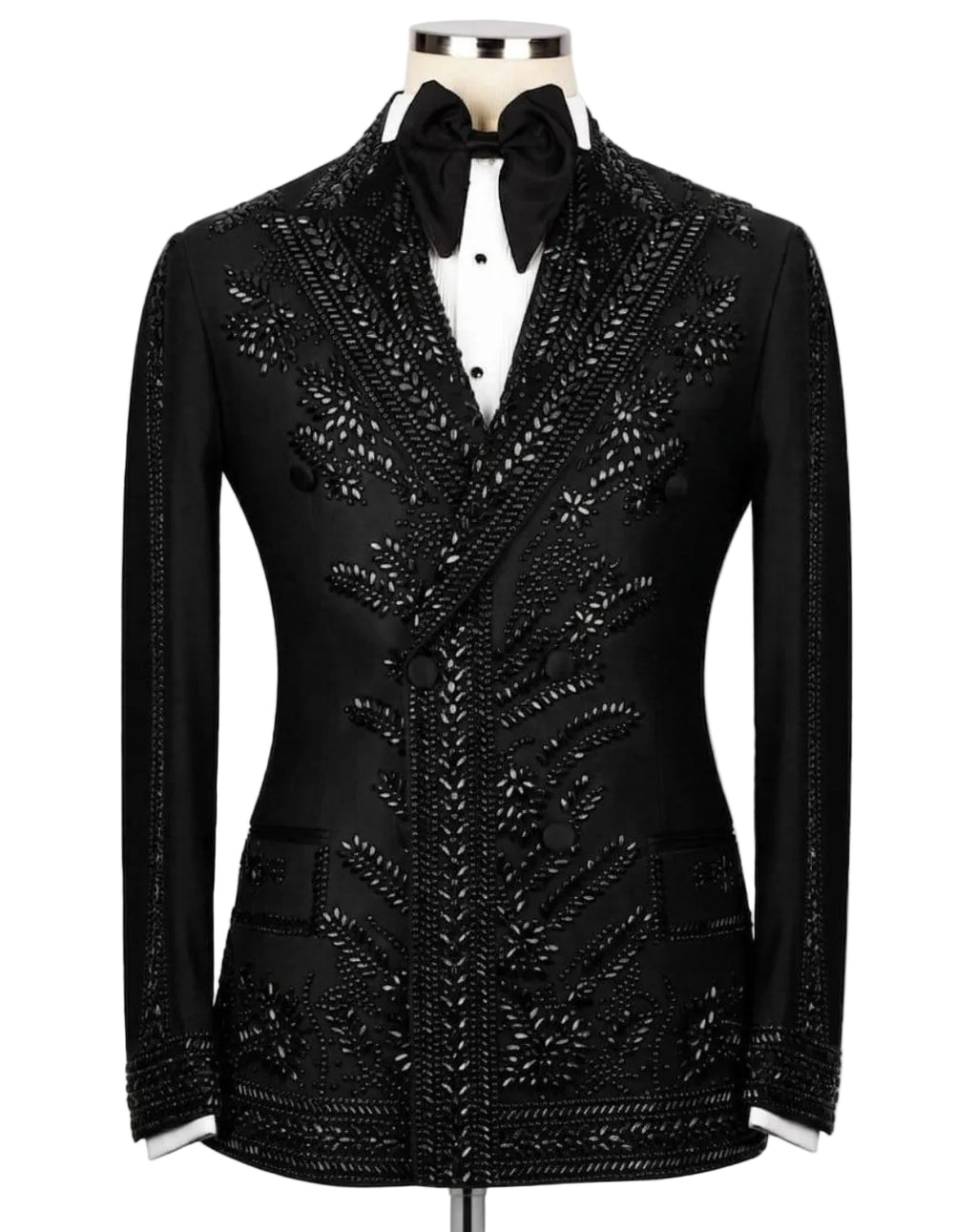 A black tuxedo jacket with intricate silver beaded and sequined floral patterns, styled on a mannequin with a white shirt and black bow tie against a light gray background.