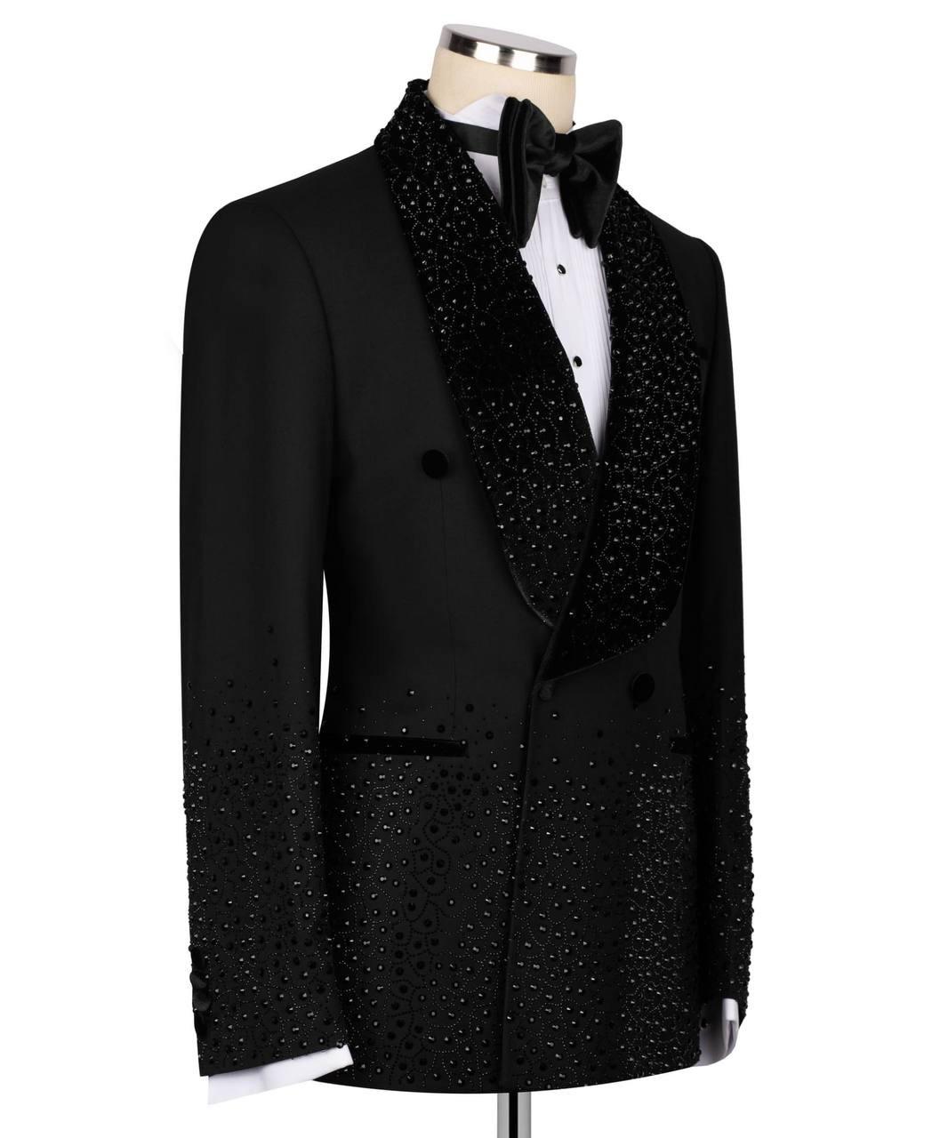 Black tuxedo jacket with decorative lapels on a mannequin against a white background