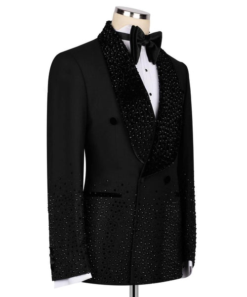 Black tuxedo jacket with decorative lapels on a mannequin against a white background