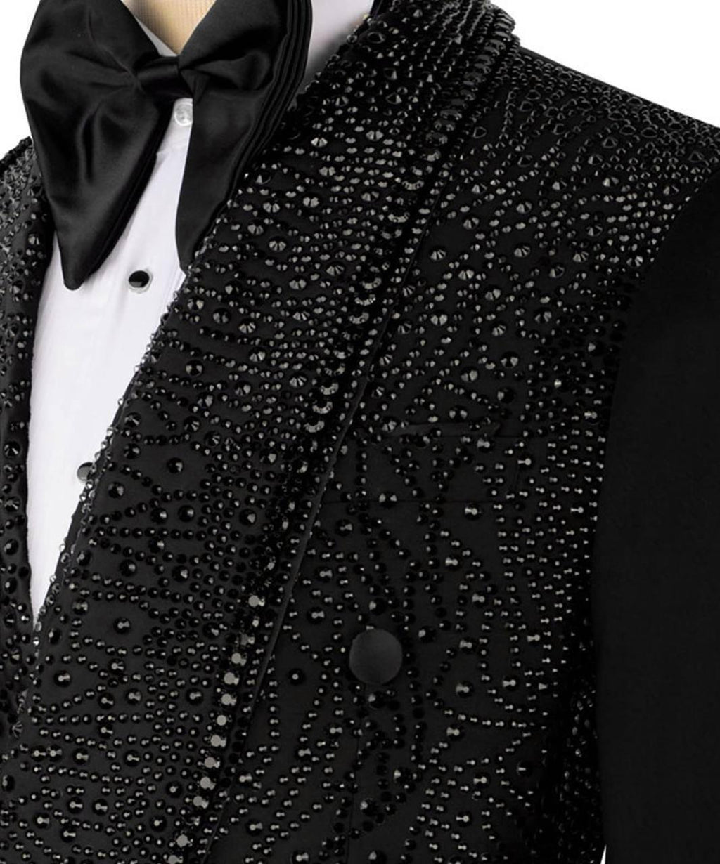 Black tuxedo with a bow tie and sequined vest