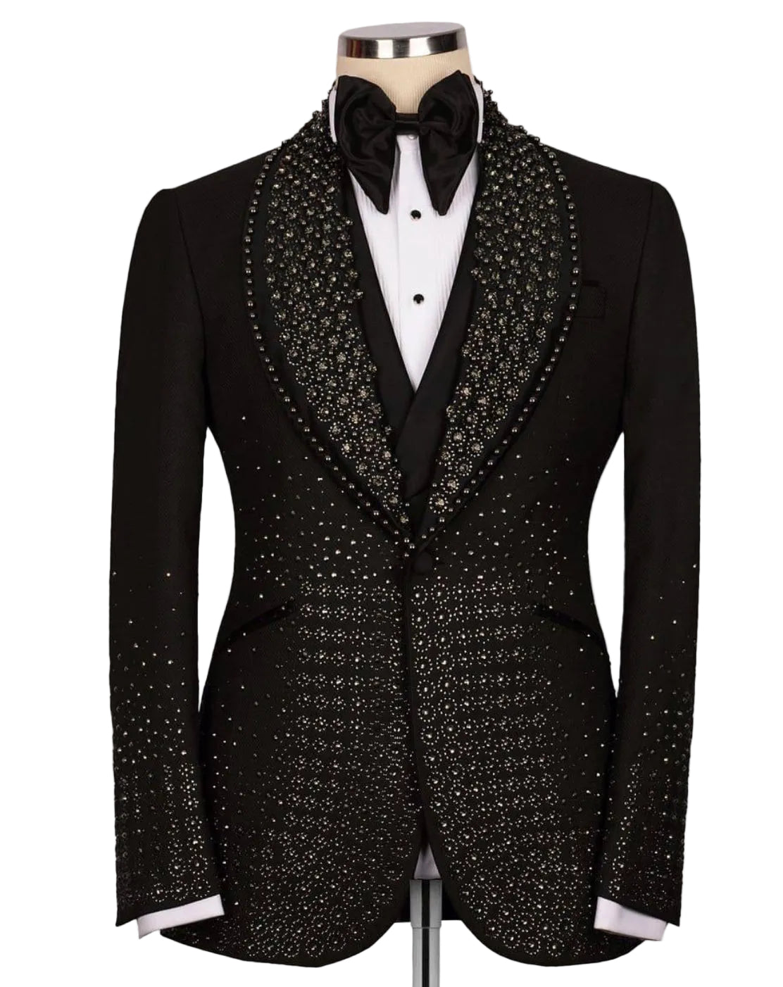 Black tuxedo with intricate detailing on a mannequin against a white background