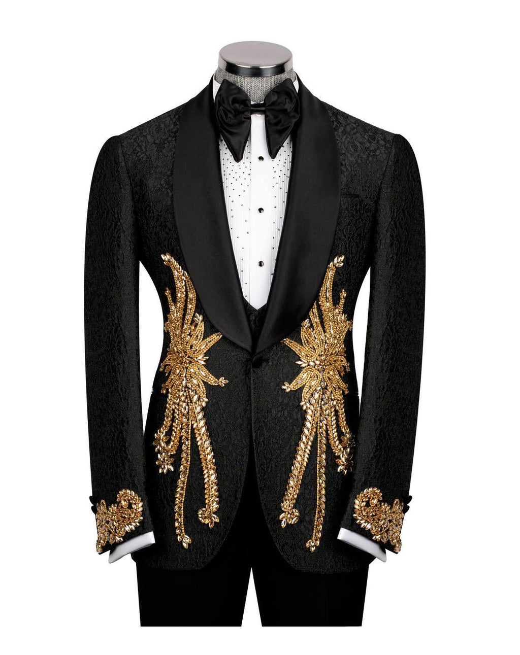 A black tuxedo jacket with ornate gold sequin and bead embroidery on the front and cuffs, displayed on a mannequin with a black bow tie and white shirt against a white background.