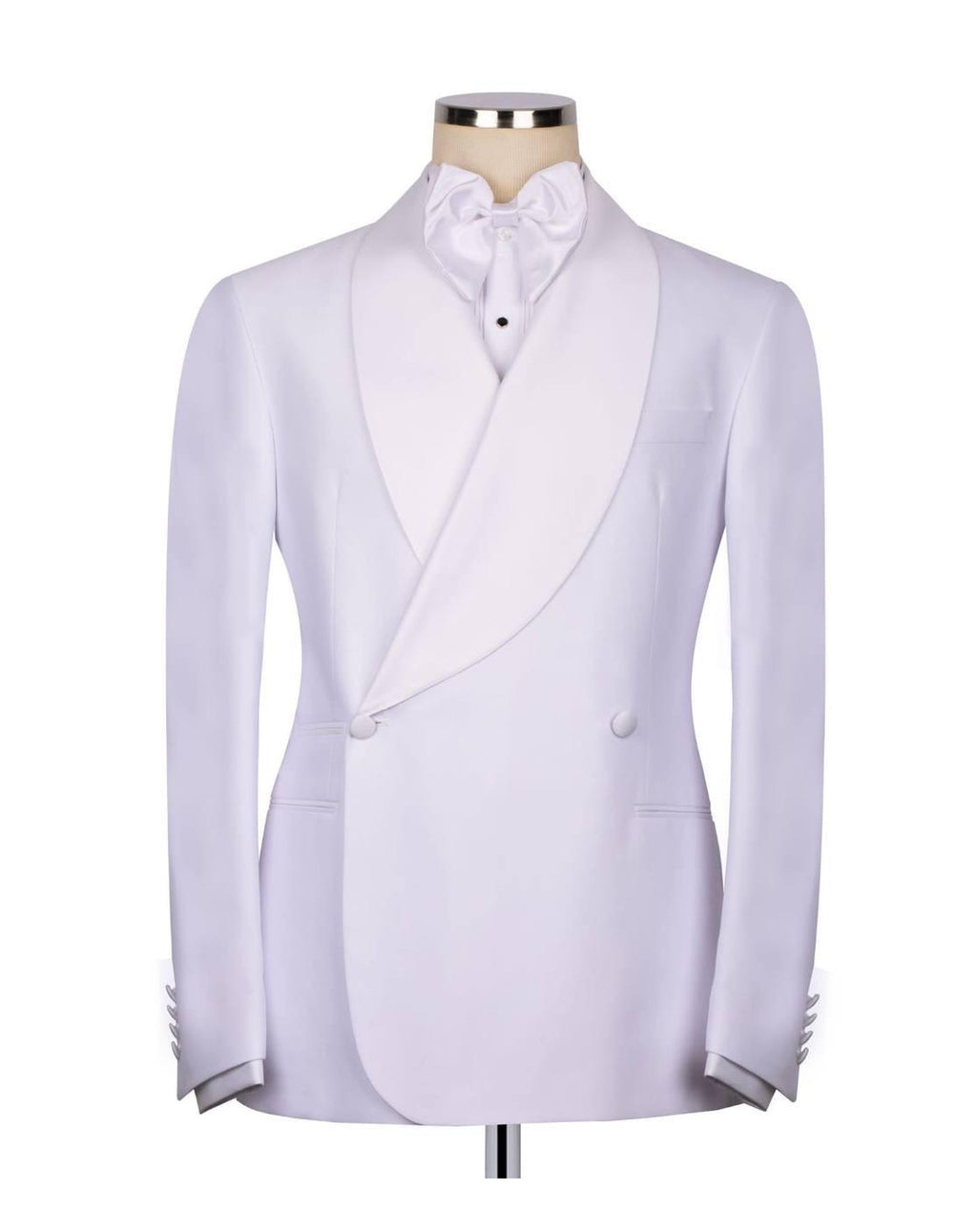A white double-breasted tuxedo jacket with shawl lapels, displayed on a mannequin torso with a matching white bow tie and white dress shirt against a plain white background.
