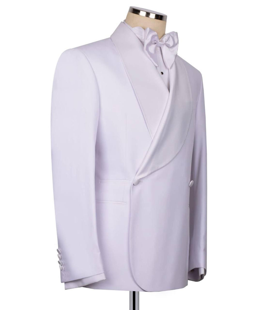 A light lavender double-breasted tuxedo jacket with satin peak lapels, displayed on a mannequin torso with a matching bow tie and white shirt against a plain white background.