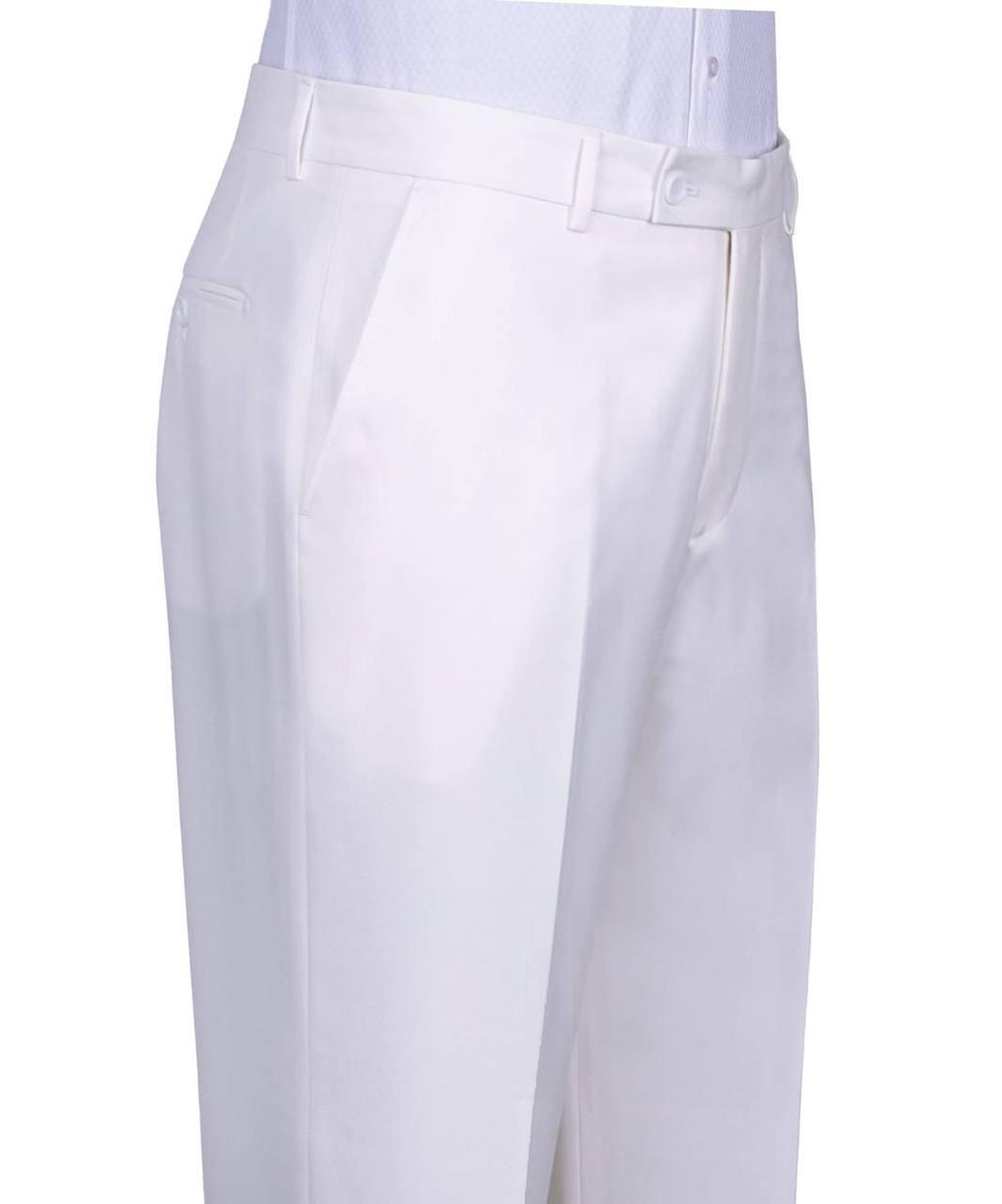 White tailored trousers shown on a cropped mannequin or model lower torso, paired with a light blue shirt at the waistband, against a plain white background.
