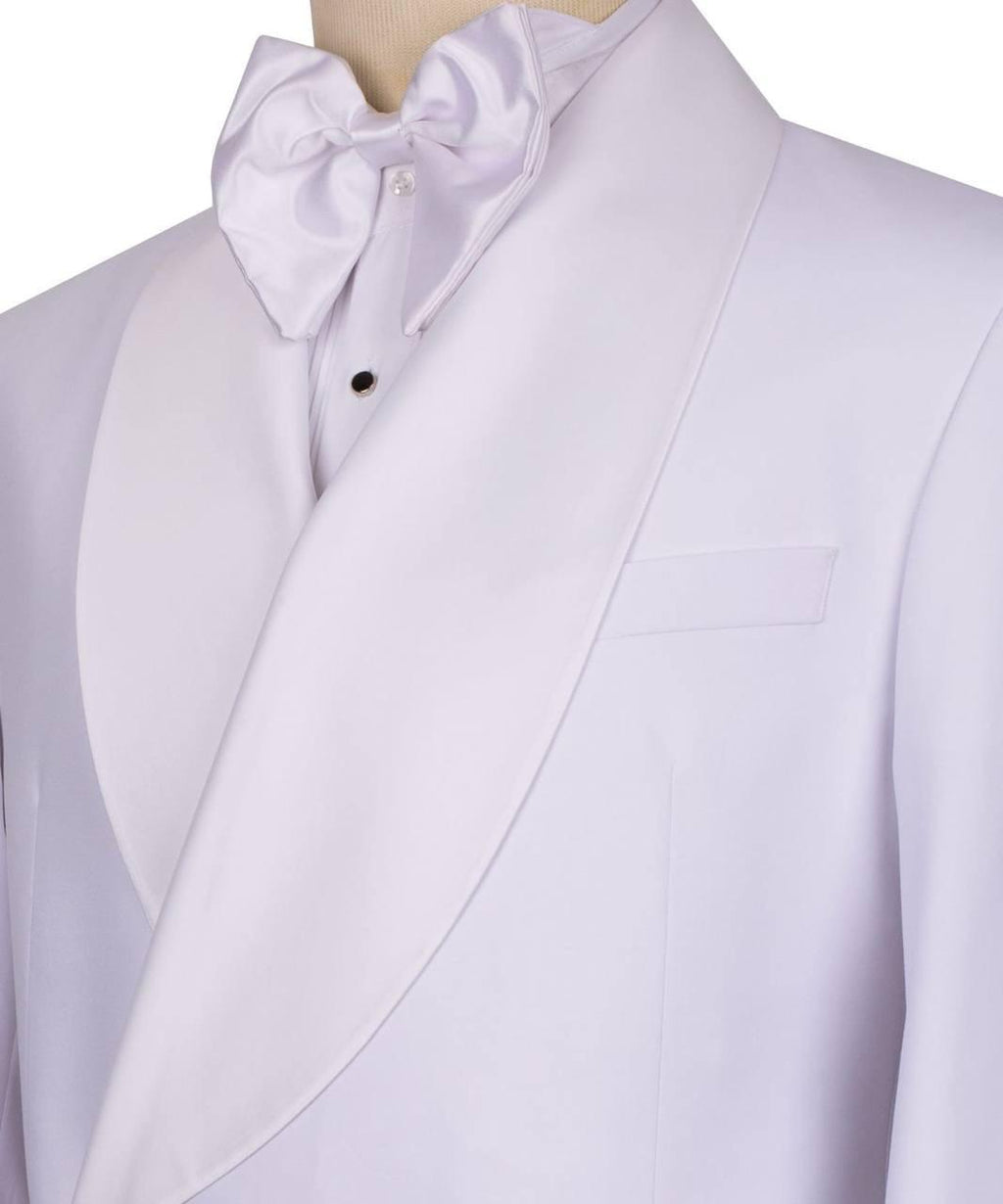 A close-up of a light lavender formal tuxedo jacket with satin peak lapels, paired with a matching satin bow tie and white dress shirt on a mannequin.