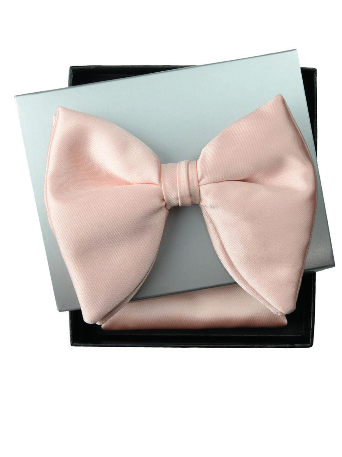 A light salmon pink satin bow tie presented with a matching pocket square inside an open black gift box, with a pale blue insert card. The text 'BTPB-32 Salmon' is printed below the box on a white background.