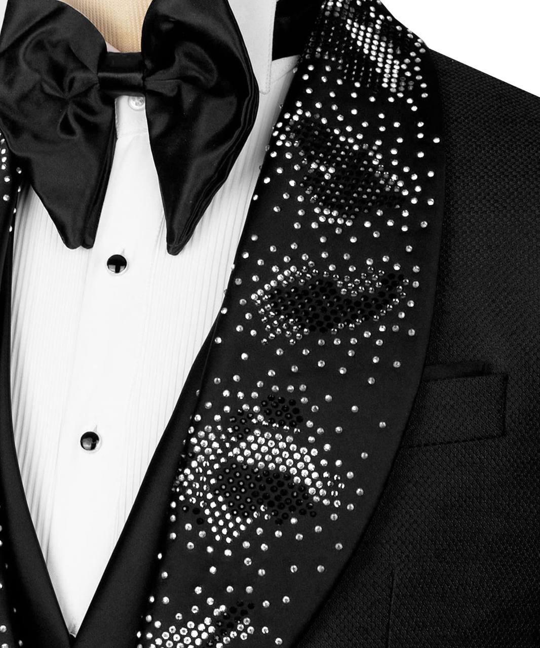 Black tuxedo with a bow tie and sequin detailing on the lapel.