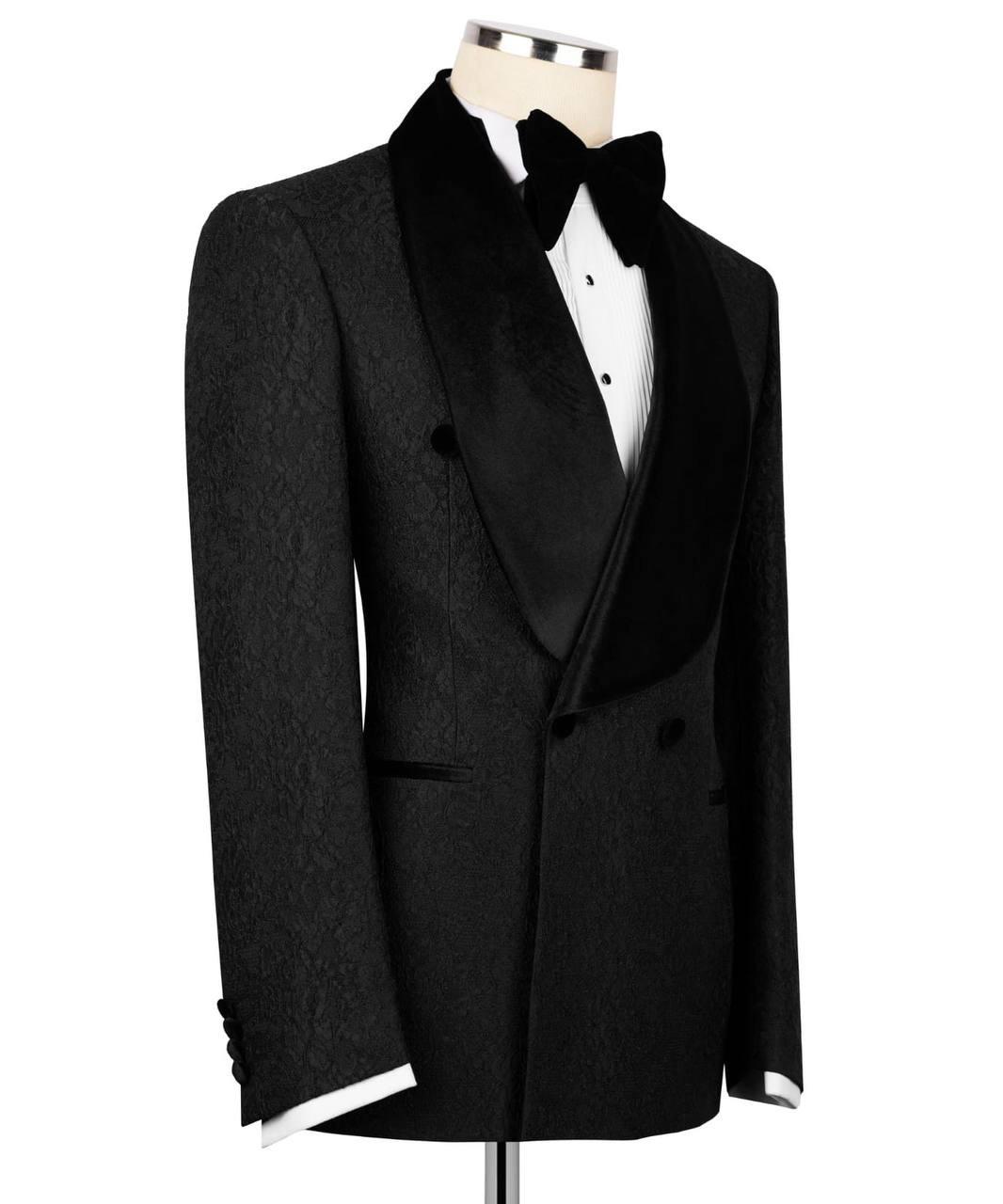 Black tuxedo jacket on a mannequin against a white background