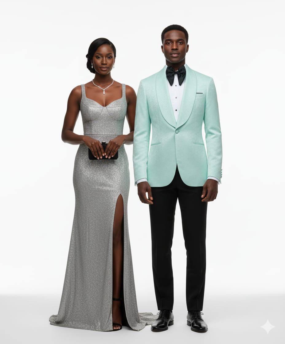 A man and a woman modeling formal eveningwear against a plain light gray studio background. The woman wears a floor-length silver glitter gown with a thigh-high slit and black clutch.